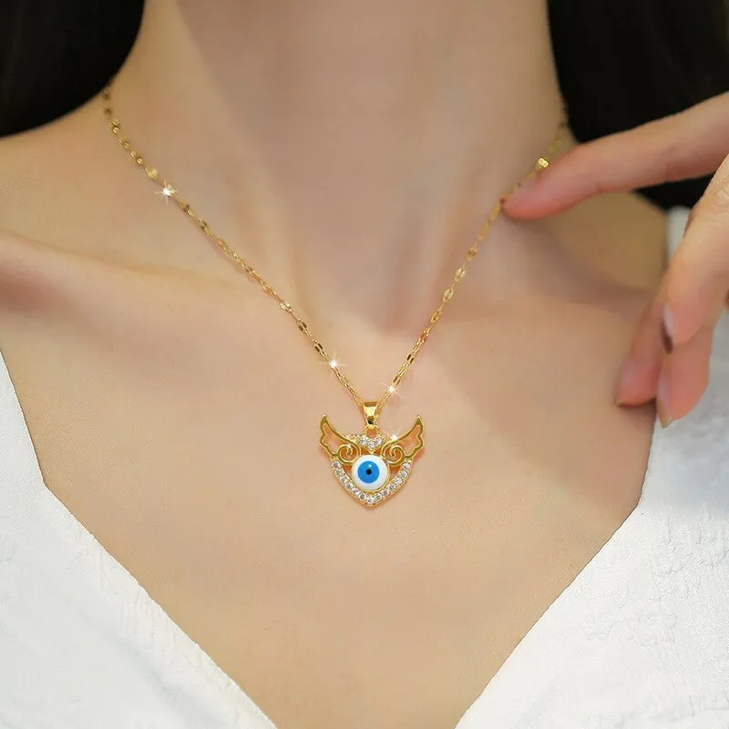 316L Stainless Steel Heart Wings Eyes Pendant Necklace For Women