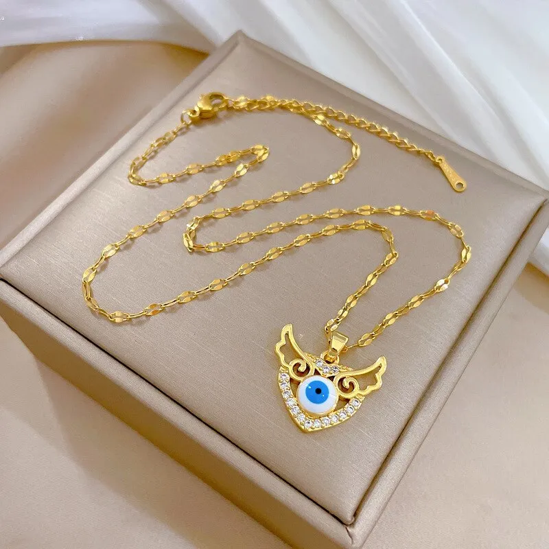 316L Stainless Steel Heart Wings Eyes Pendant Necklace For Women
