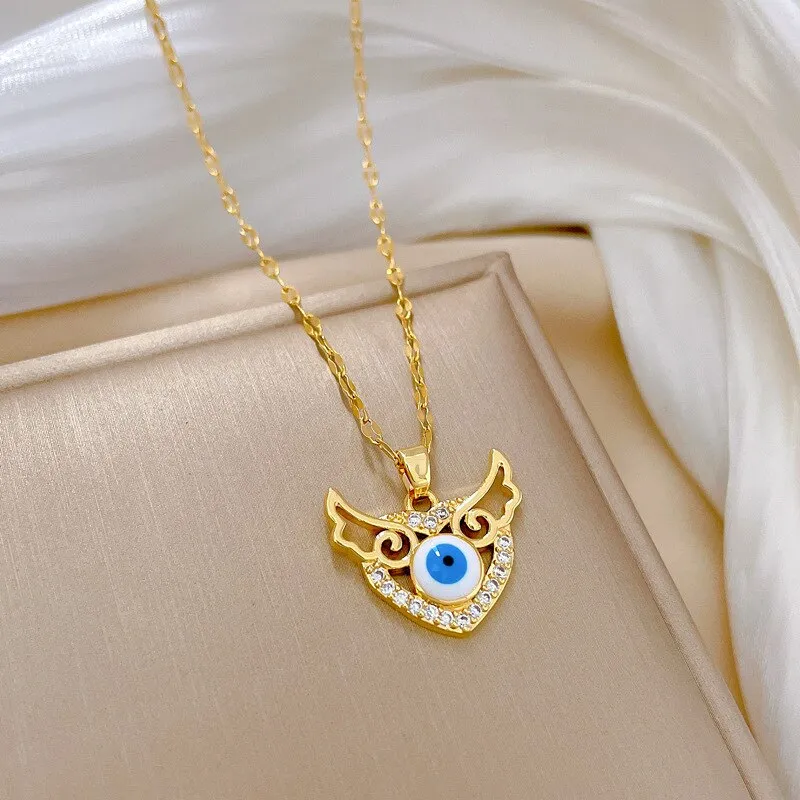 316L Stainless Steel Heart Wings Eyes Pendant Necklace For Women