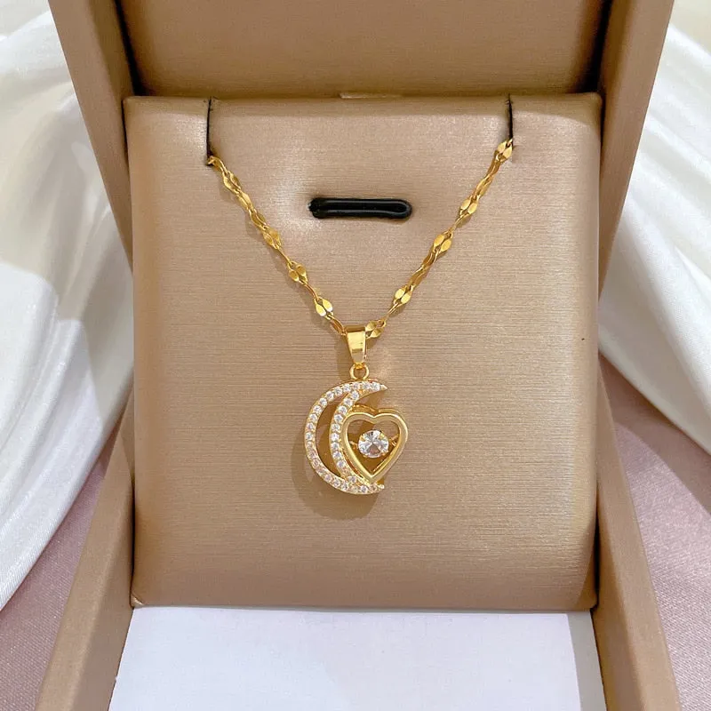 316L Stainless Steel Moon Heart Pendant Necklace For Women