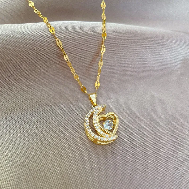 316L Stainless Steel Moon Heart Pendant Necklace For Women