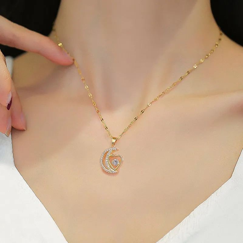 316L Stainless Steel Moon Heart Pendant Necklace For Women