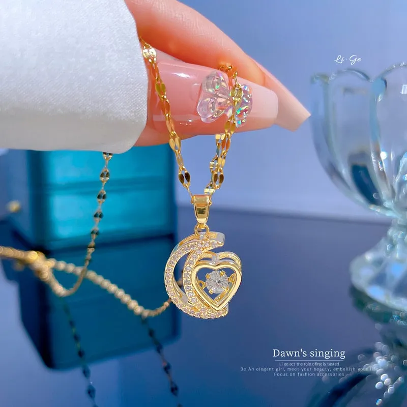 316L Stainless Steel Moon Heart Pendant Necklace For Women