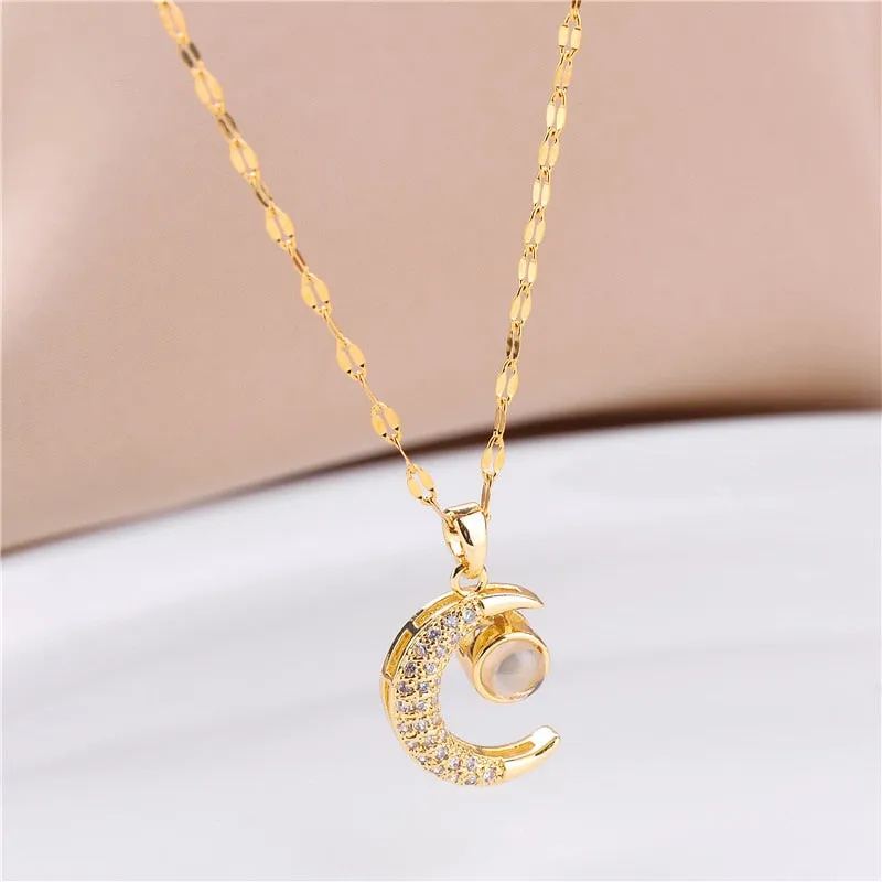 316L Stainless Steel Moon Projection Pendant Necklace For Women