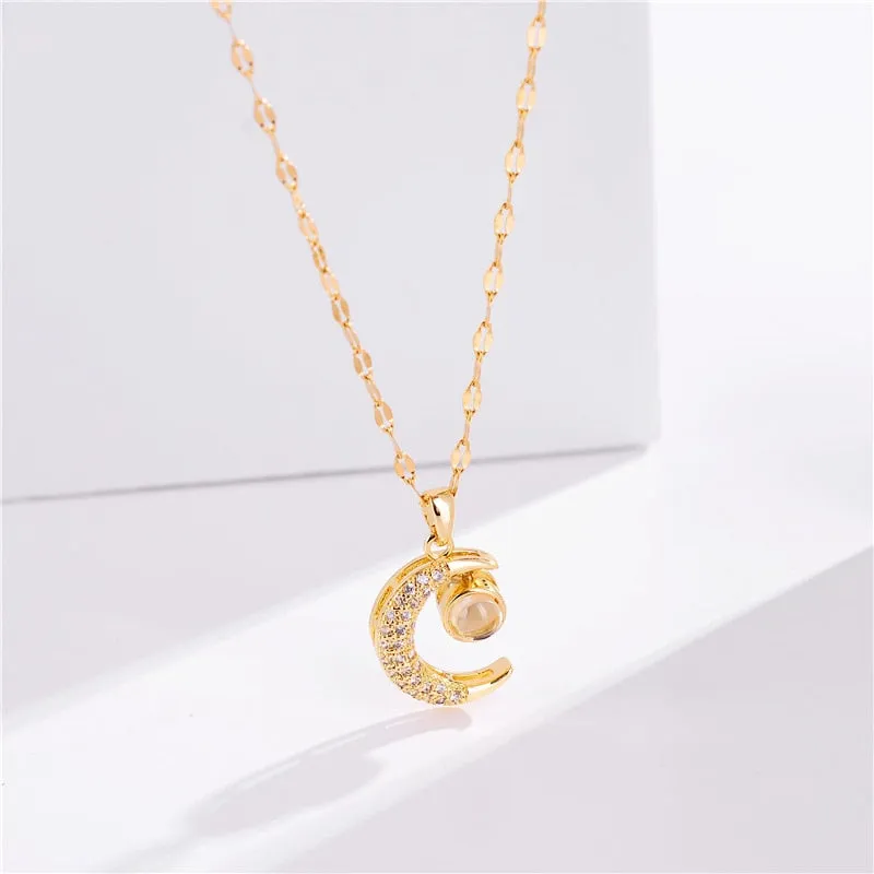 316L Stainless Steel Moon Projection Pendant Necklace For Women
