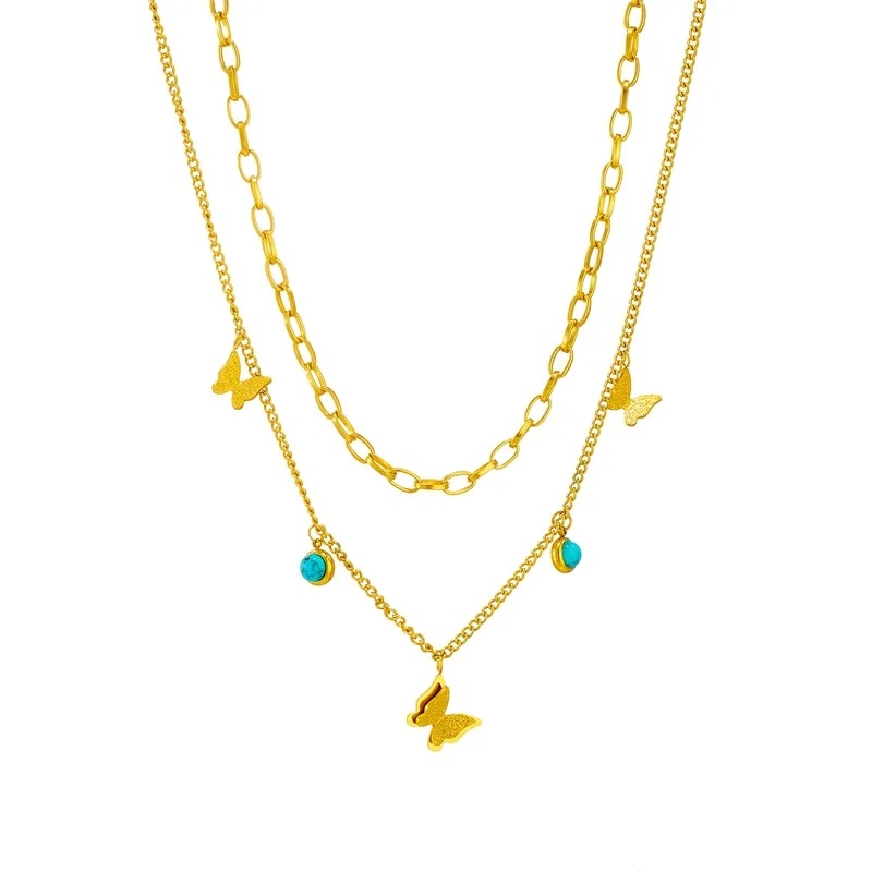 316L Stainless Steel Multi-layer Green Stone Butterfly Pendant Necklace For Women