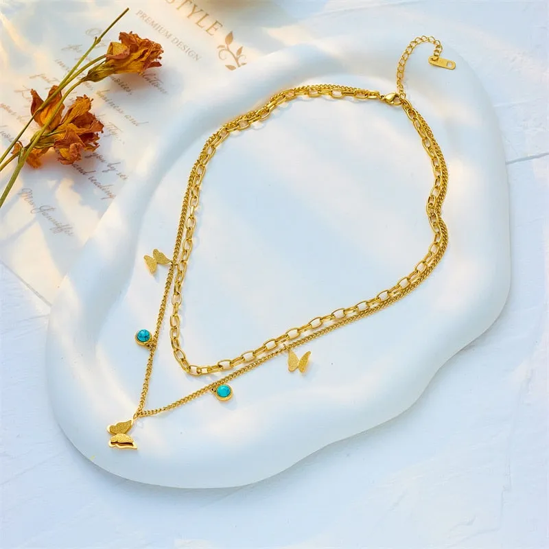 316L Stainless Steel Multi-layer Green Stone Butterfly Pendant Necklace For Women