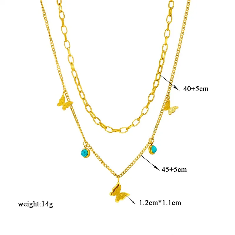 316L Stainless Steel Multi-layer Green Stone Butterfly Pendant Necklace For Women