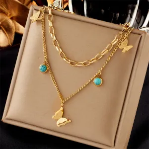 316L Stainless Steel Multi-layer Green Stone Butterfly Pendant Necklace For Women