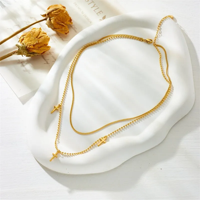 316L Stainless Steel Multilayer Chain Cross Pendant Necklace For Women