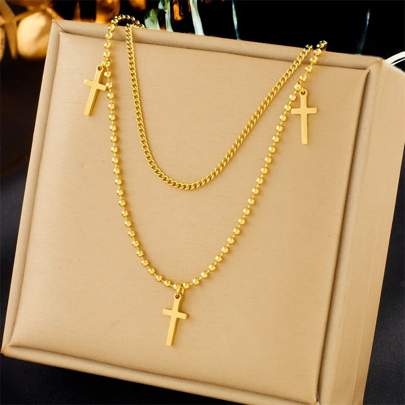 316L Stainless Steel Multilayer Chain Cross Pendant Necklace For Women