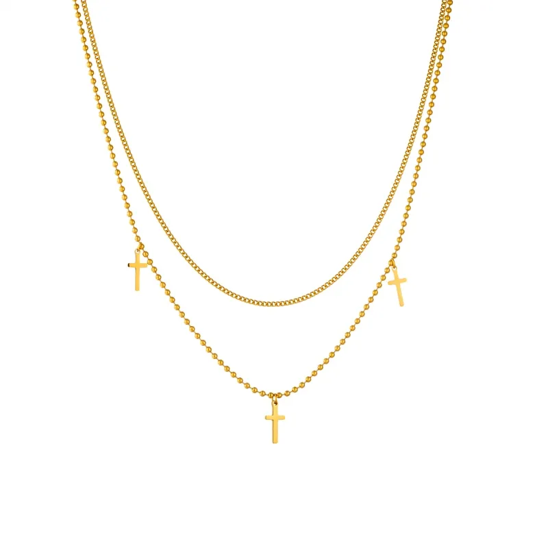 316L Stainless Steel Multilayer Chain Cross Pendant Necklace For Women