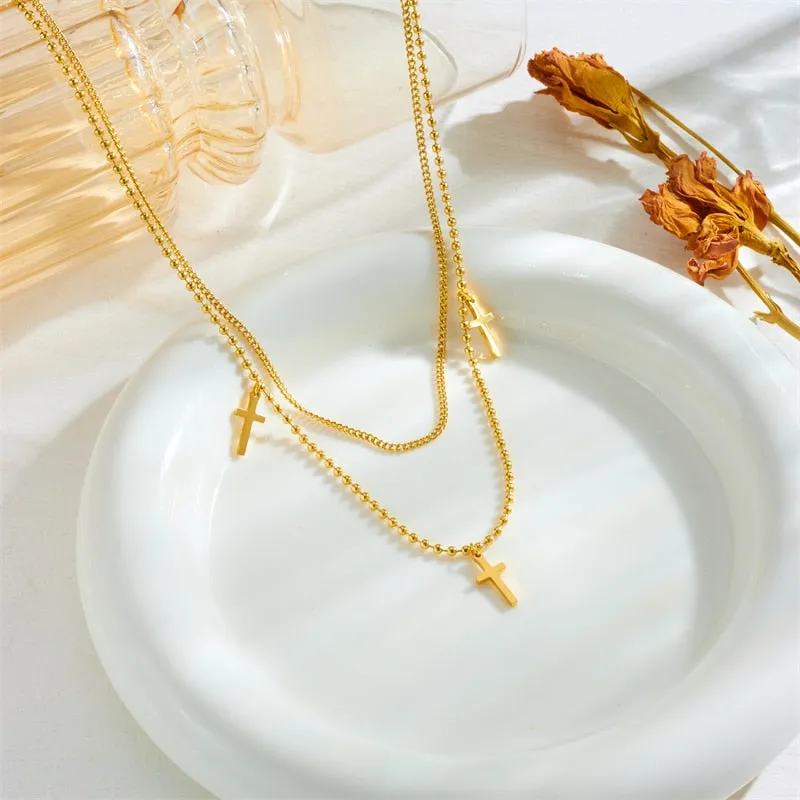 316L Stainless Steel Multilayer Chain Cross Pendant Necklace For Women