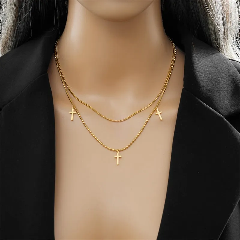 316L Stainless Steel Multilayer Chain Cross Pendant Necklace For Women