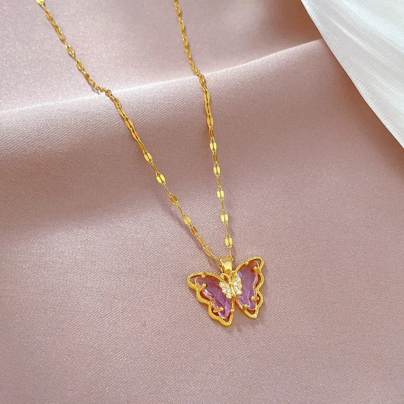 316L Stainless Steel Purple Crystal Butterfly Pendant Necklace For Women