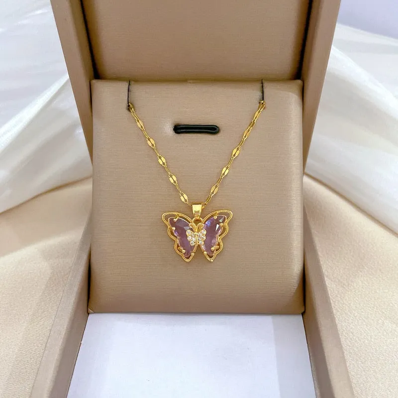 316L Stainless Steel Purple Crystal Butterfly Pendant Necklace For Women