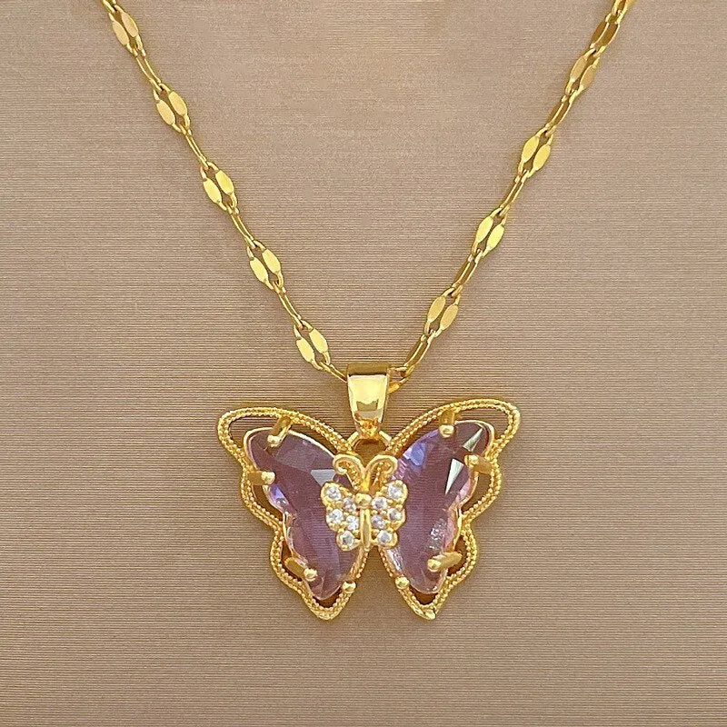 316L Stainless Steel Purple Crystal Butterfly Pendant Necklace For Women