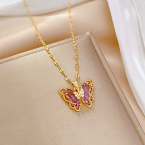316L Stainless Steel Purple Crystal Butterfly Pendant Necklace For Women