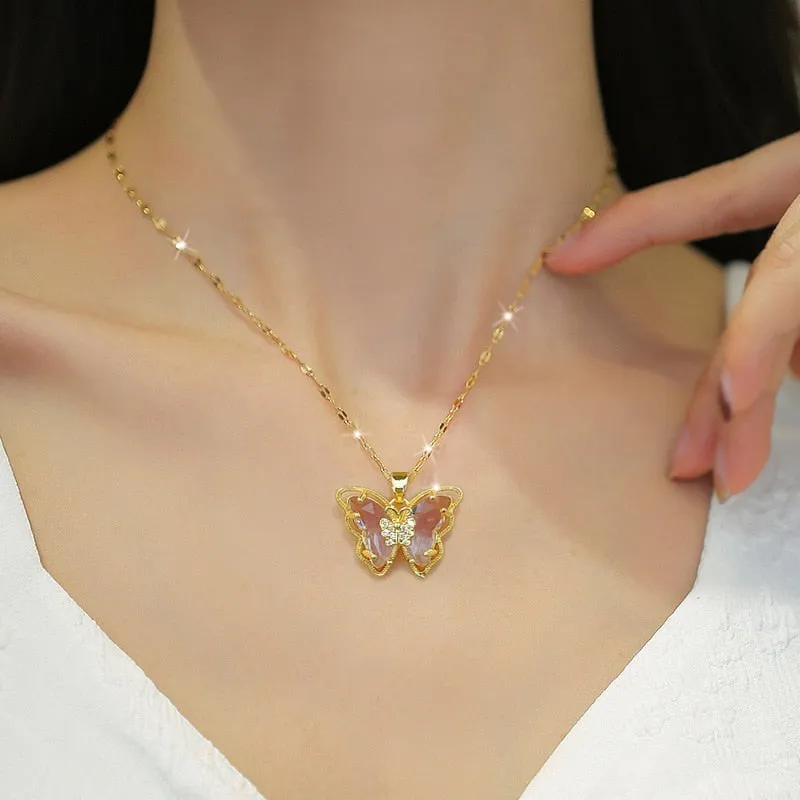 316L Stainless Steel Purple Crystal Butterfly Pendant Necklace For Women