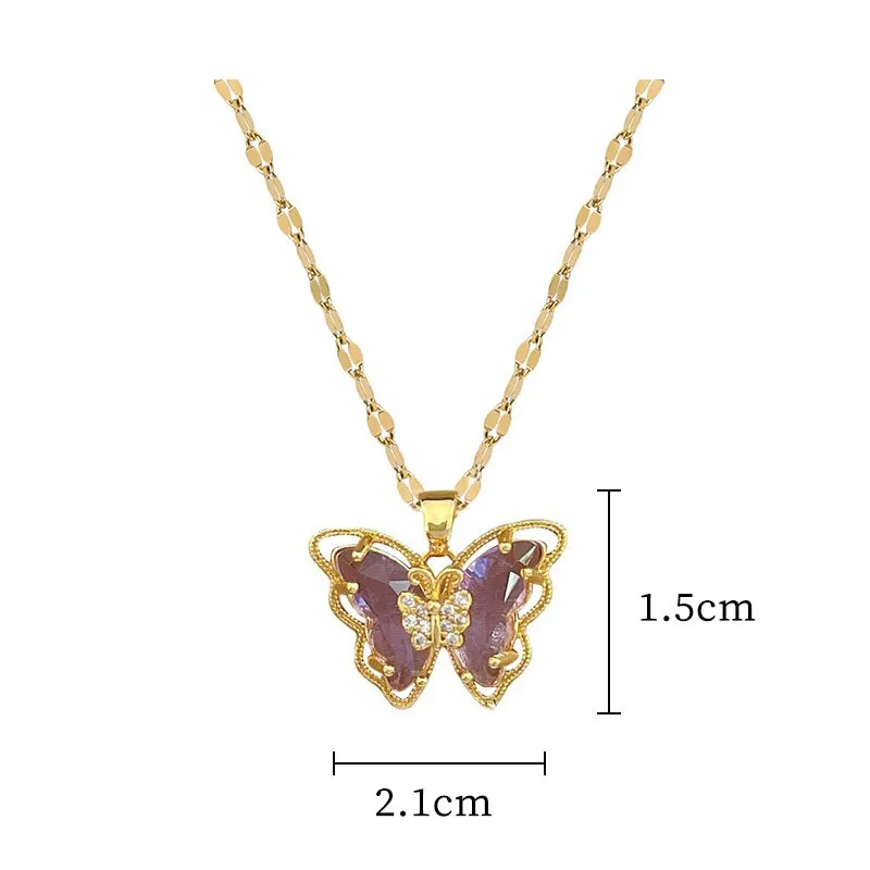 316L Stainless Steel Purple Crystal Butterfly Pendant Necklace For Women