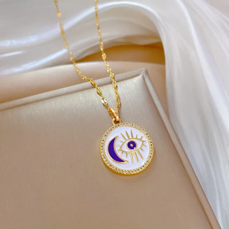 316L Stainless Steel Retro Moon Eye Pendant Necklace For Women