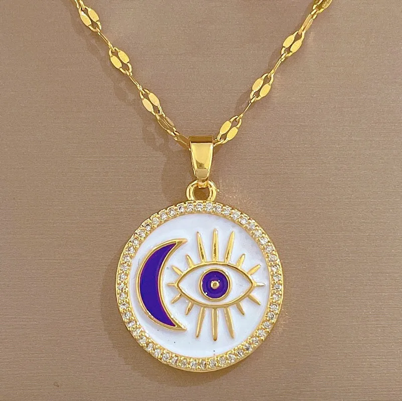 316L Stainless Steel Retro Moon Eye Pendant Necklace For Women