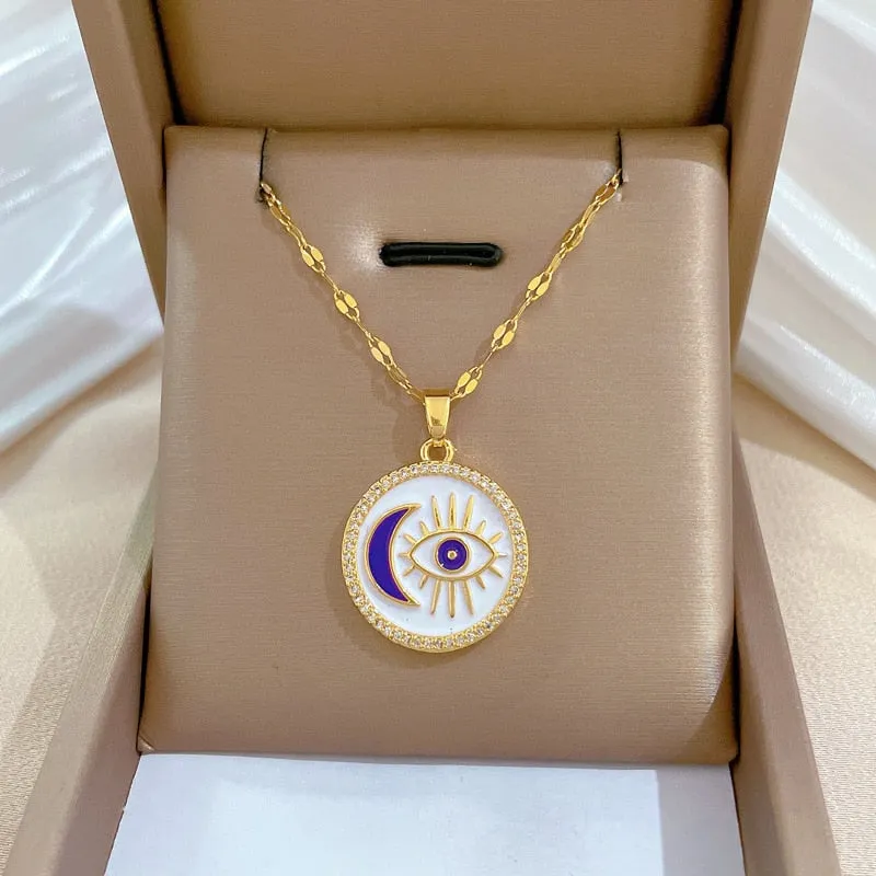 316L Stainless Steel Retro Moon Eye Pendant Necklace For Women