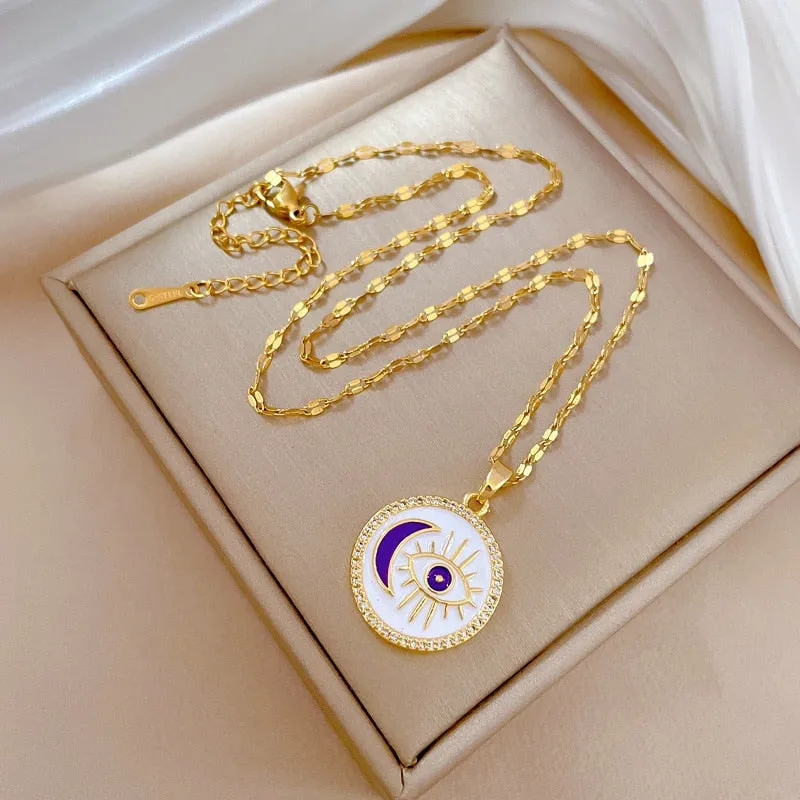 316L Stainless Steel Retro Moon Eye Pendant Necklace For Women