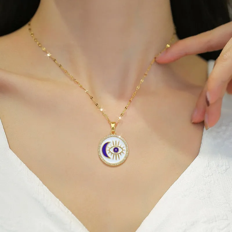 316L Stainless Steel Retro Moon Eye Pendant Necklace For Women