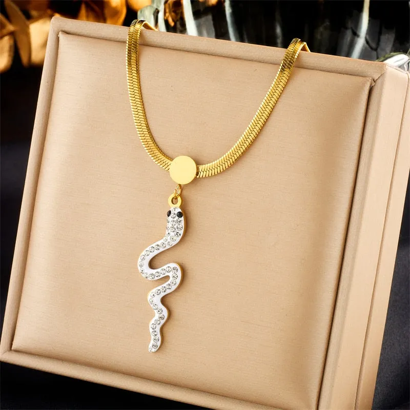 316L Stainless Steel Rhinestone Snake Pendant Necklace For Women