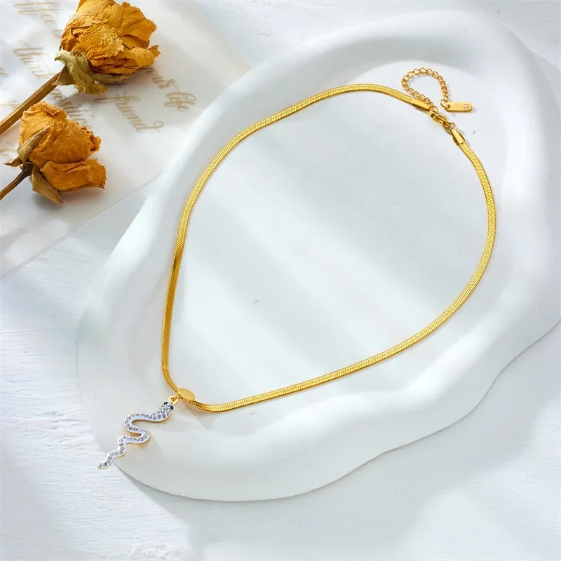 316L Stainless Steel Rhinestone Snake Pendant Necklace For Women