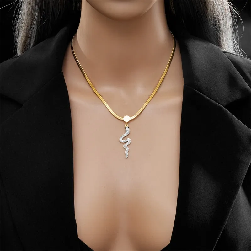 316L Stainless Steel Rhinestone Snake Pendant Necklace For Women