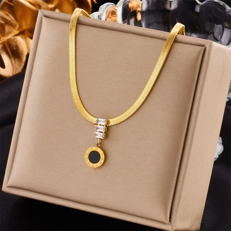 316L Stainless Steel Roman Number Long Pendant Necklace For Women
