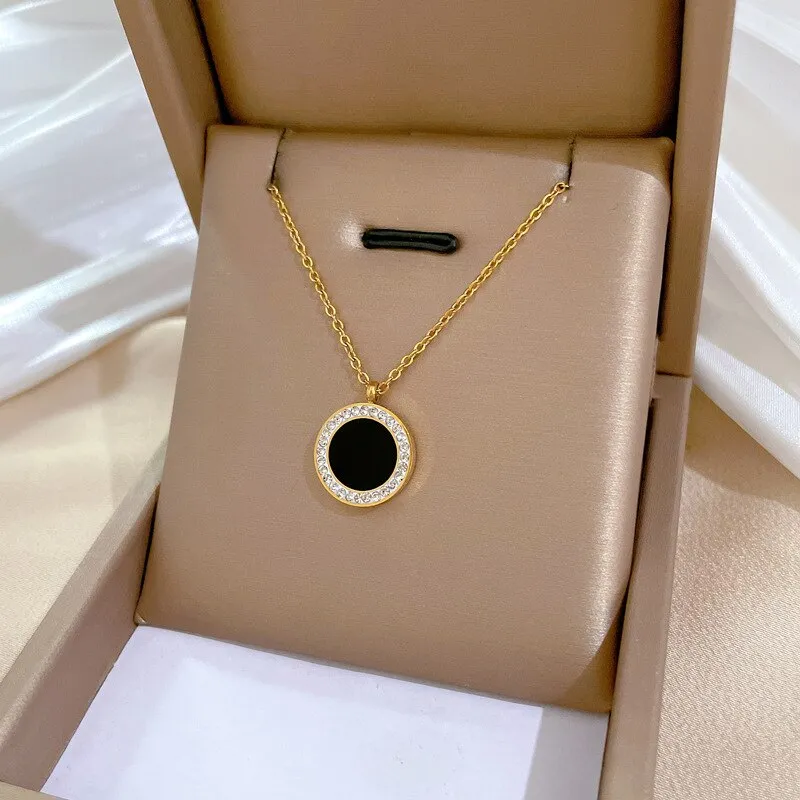 316L Stainless Steel Round Black Stone Pendant Necklace For Women