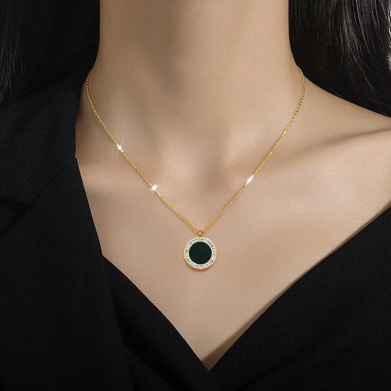 316L Stainless Steel Round Black Stone Pendant Necklace For Women