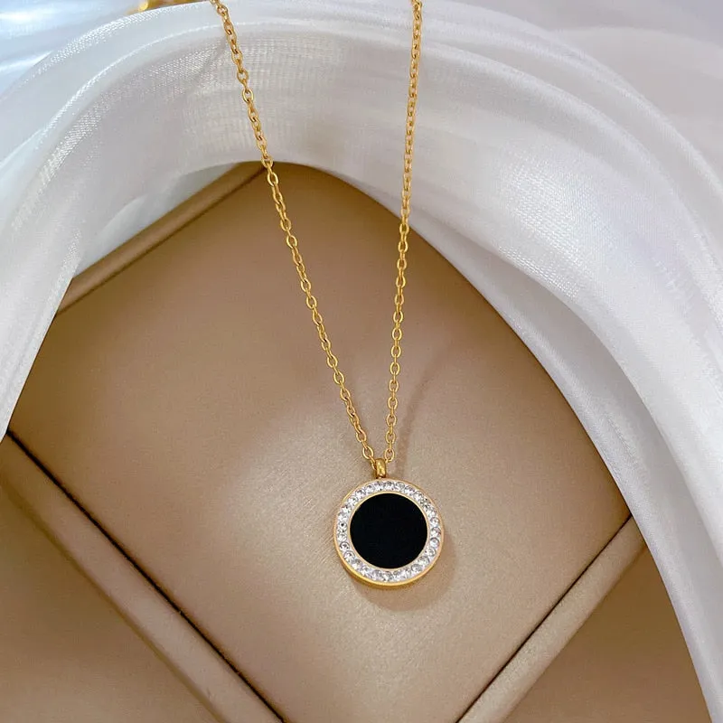 316L Stainless Steel Round Black Stone Pendant Necklace For Women