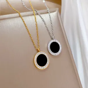 316L Stainless Steel Round Black Stone Pendant Necklace For Women