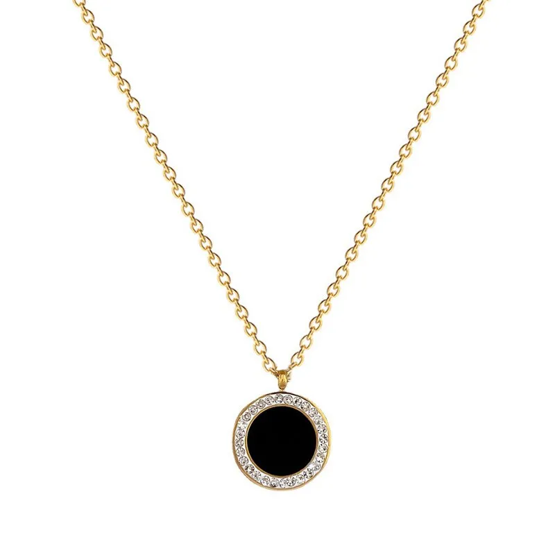 316L Stainless Steel Round Black Stone Pendant Necklace For Women