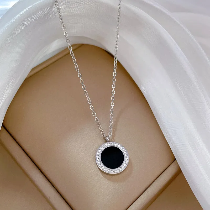 316L Stainless Steel Round Black Stone Pendant Necklace For Women