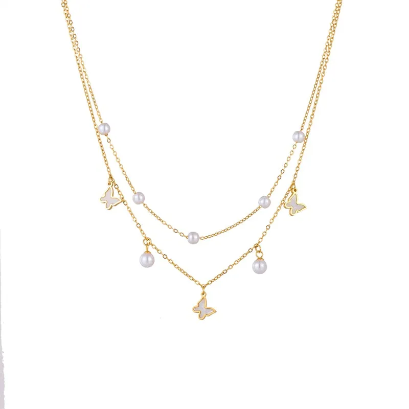 316L Stainless Steel Round Heart Butterfly Flower Pearls Necklace For Women