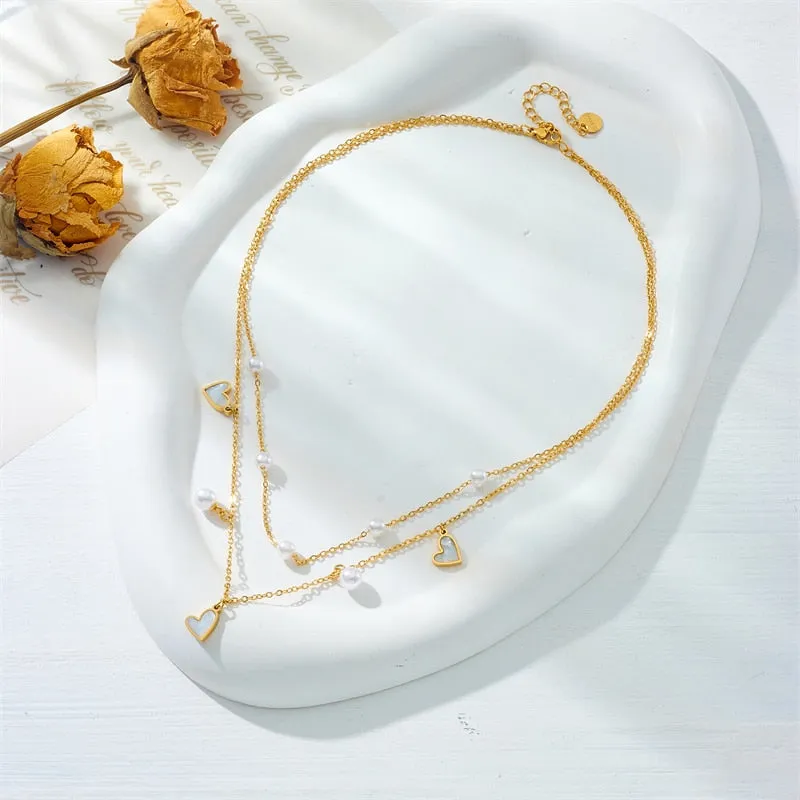 316L Stainless Steel Round Heart Butterfly Flower Pearls Necklace For Women