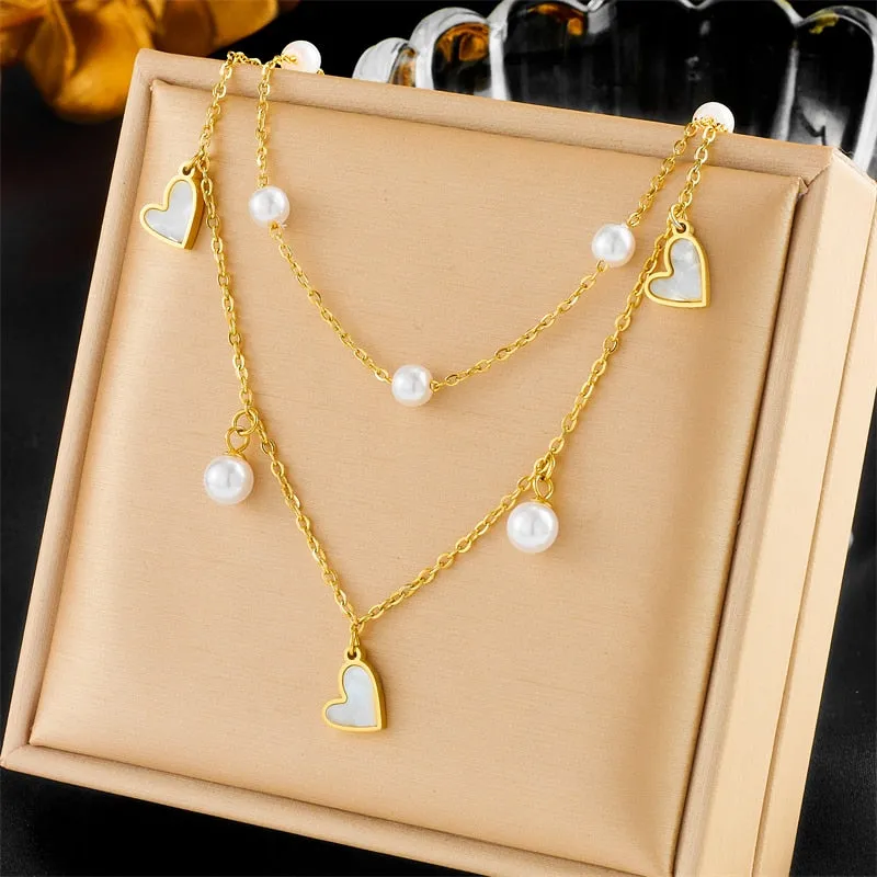 316L Stainless Steel Round Heart Butterfly Flower Pearls Necklace For Women