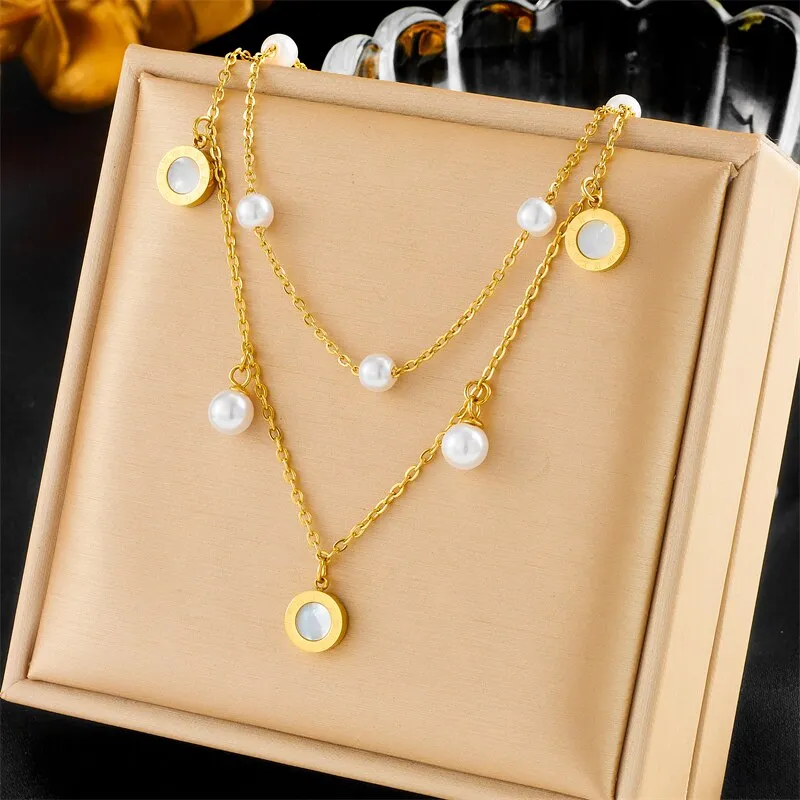 316L Stainless Steel Round Heart Butterfly Flower Pearls Necklace For Women