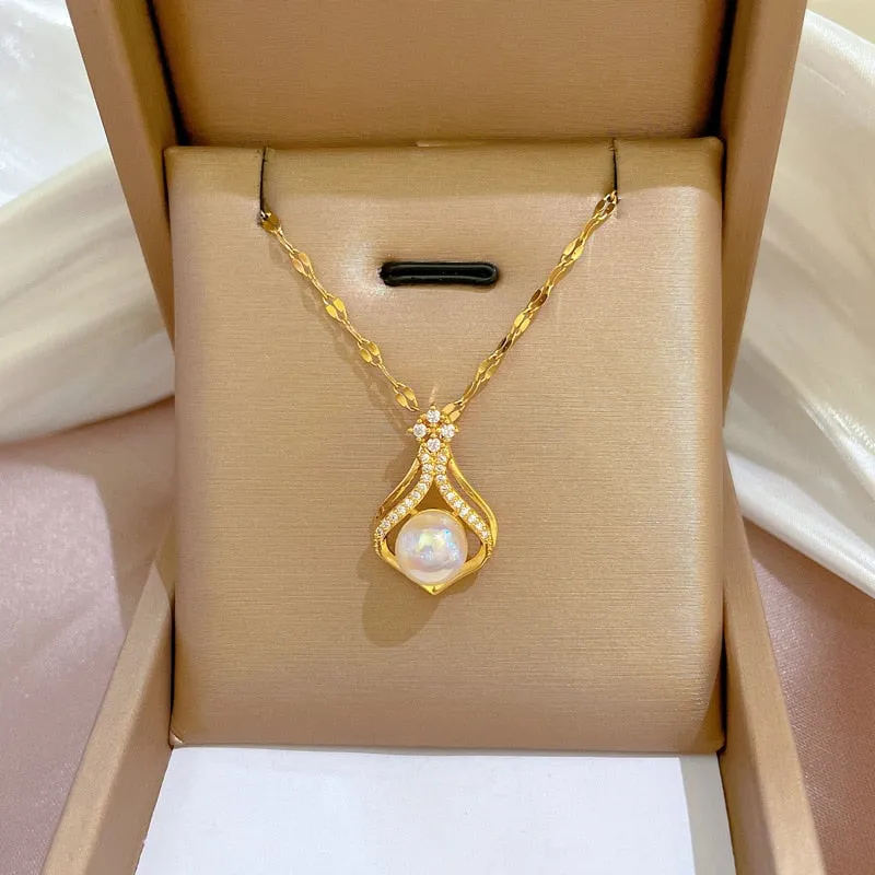 316L Stainless Steel Water Drop Pearl Pendant Necklace For Women
