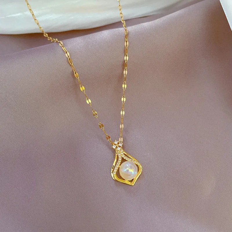 316L Stainless Steel Water Drop Pearl Pendant Necklace For Women