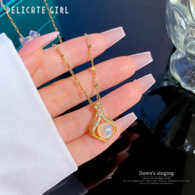 316L Stainless Steel Water Drop Pearl Pendant Necklace For Women