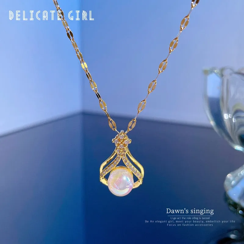 316L Stainless Steel Water Drop Pearl Pendant Necklace For Women