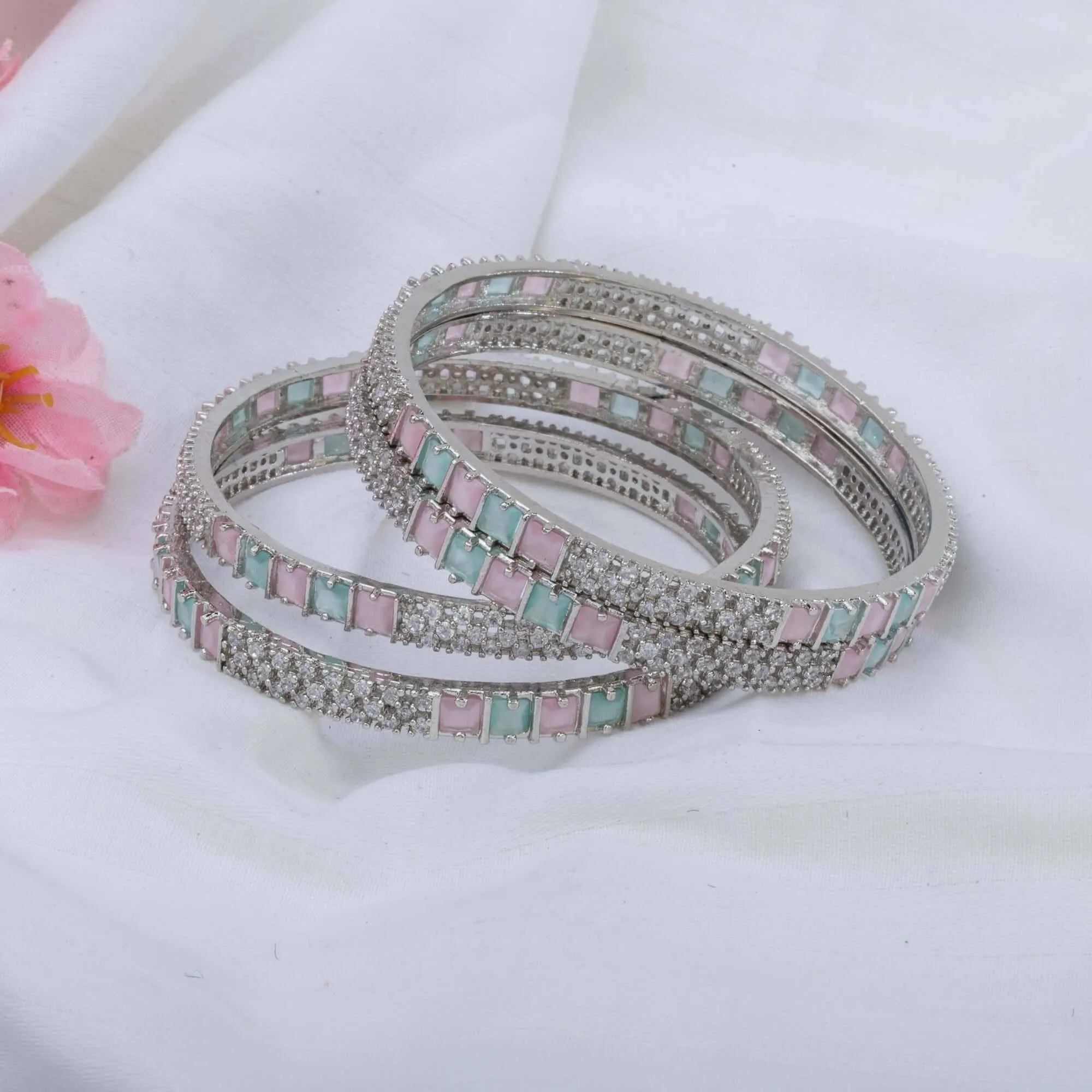 4 Pcs Bangles set silver mint pink