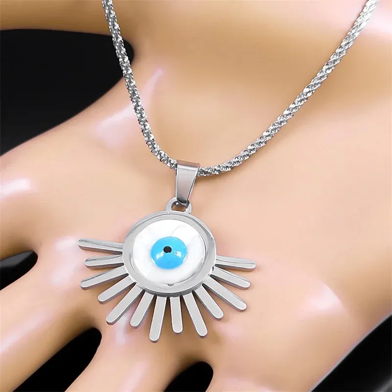Aesthetic Turkey Evil Blue Eye Necklace for Women Men Stainless Steel Silver Color