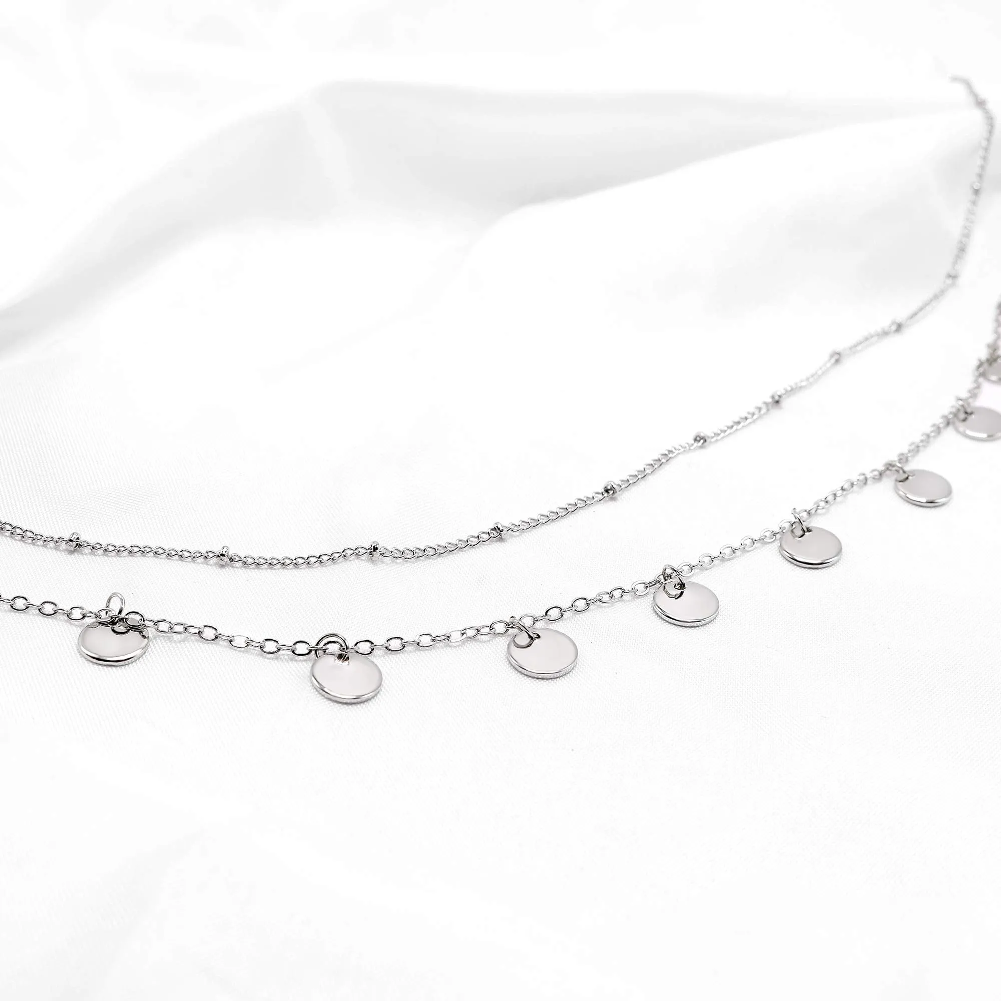Aisansty Dainty Layered Choker Necklaces Handmade Coin Tube Star Pearl Pendant Multilayer Adjustable Layering Chain Gold Plated Necklaces Set for Women Girls Silver-Coin Charms